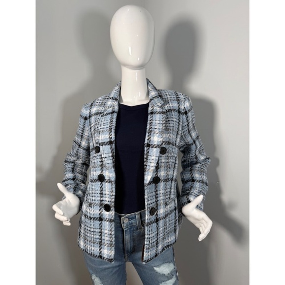 Jones‎ New York Plaid Double Breasted Blazer Light Blue Black White Jacket  PL - Picture 7 of 10